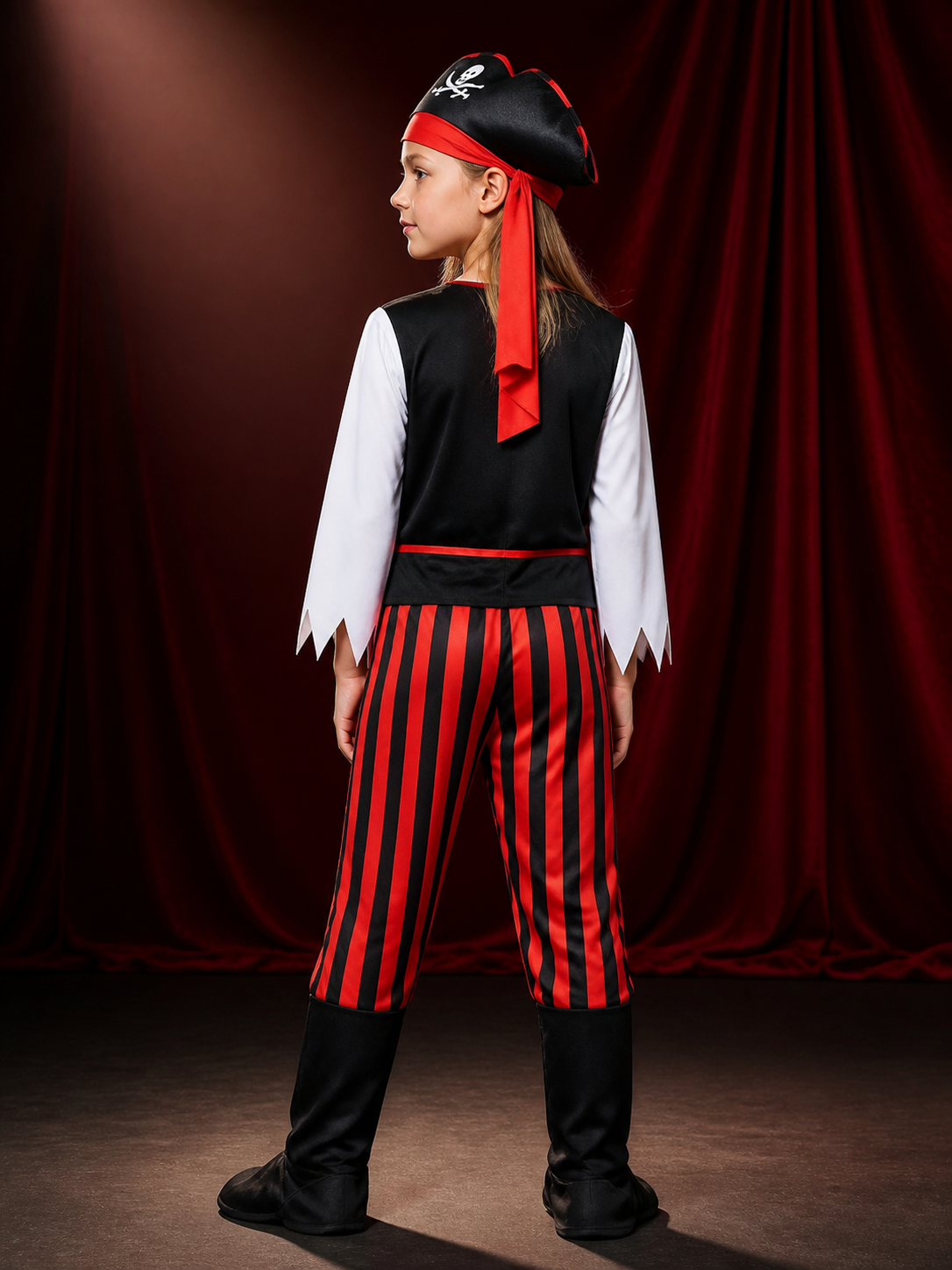 Kids Pirate Halloween Costume Set, Black White Red Striped Outfit with Skull Hat back view