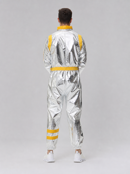 Space jumpsuit with visor, patches, and belt