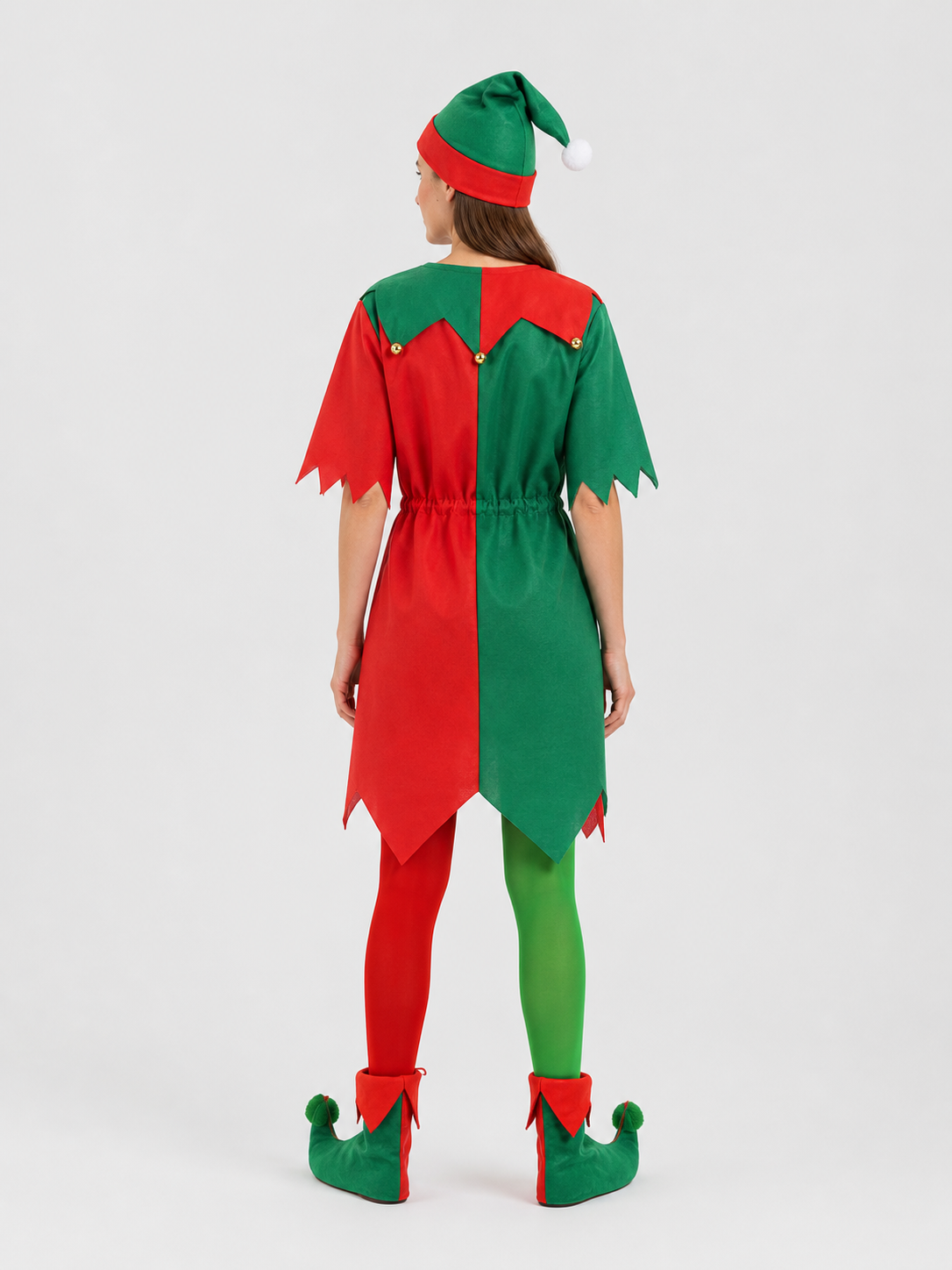 Christmas Elf Costume with Hat, Red and Green back view