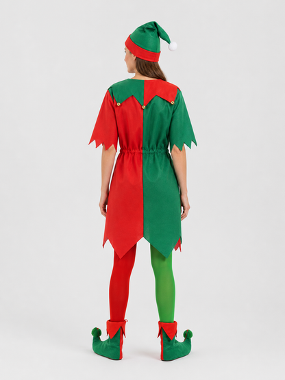 Christmas Elf Costume with Hat, Red and Green back view
