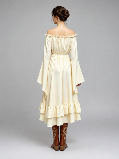 Cream Medieval-Style Ruffled Dress back view