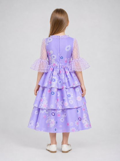 Kids' Floral-Print Cosplay Dress with Sleeves back view 3