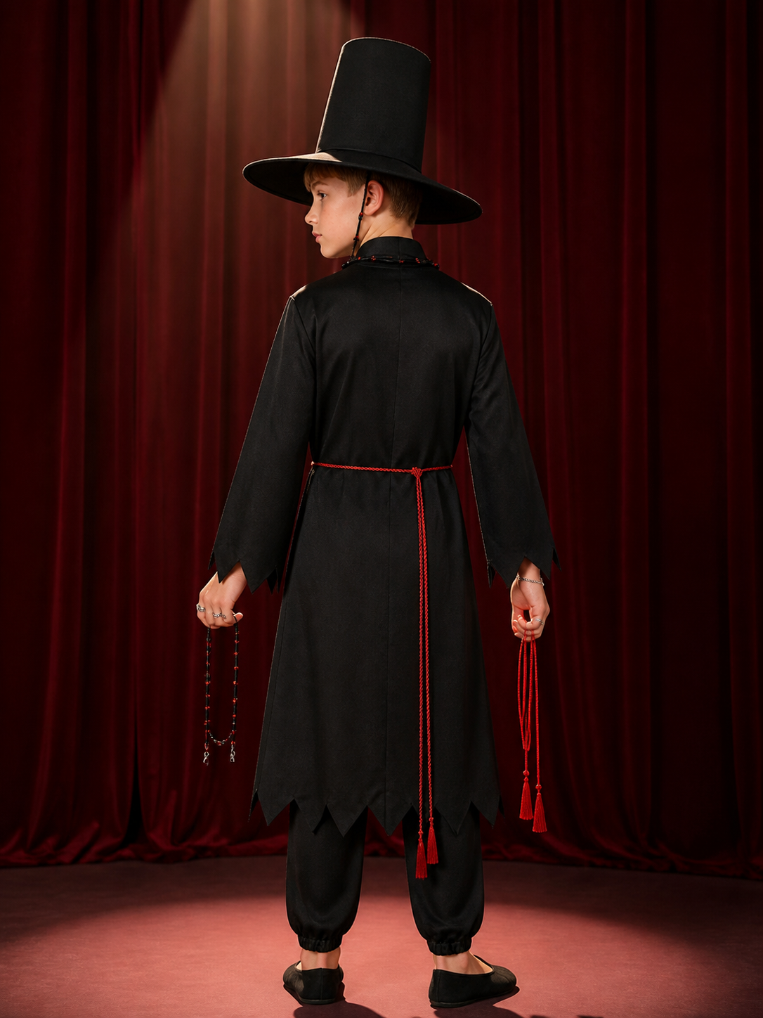 Black Magic Fantasy Role-Play Costume Set with Pointed Hat and Accessories back view