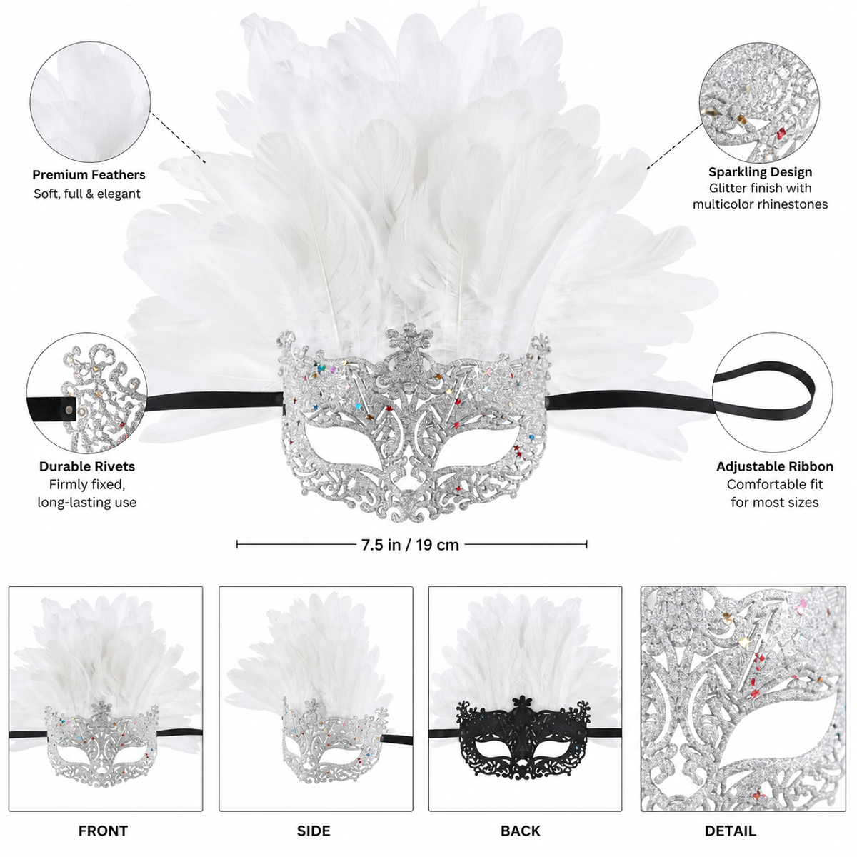 White Feather Masquerade Mask product view 22