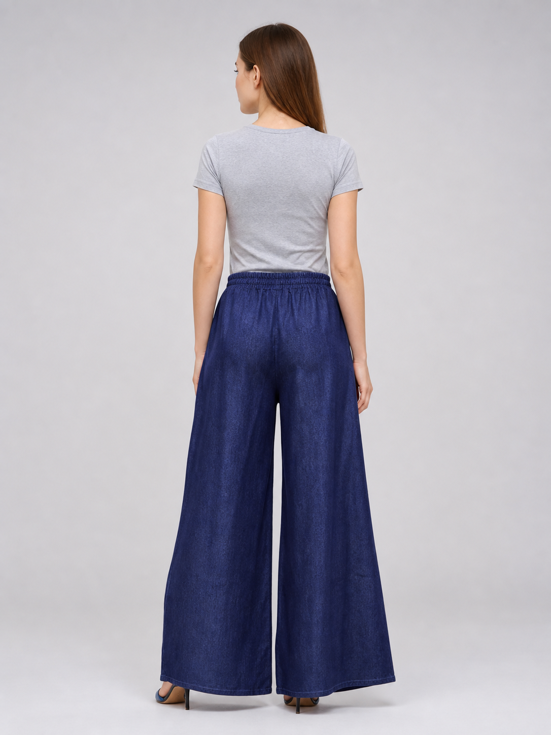 Dark Blue Palazzo Pants with an Elastic Waistband and White Drawstring back view 4
