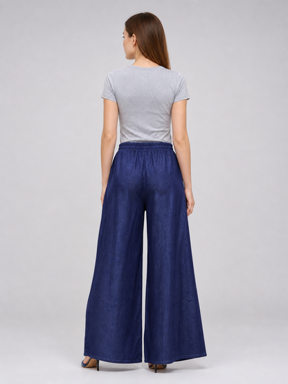 Dark Blue Palazzo Pants with an Elastic Waistband and White Drawstring back view 4