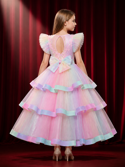 Baby Girls' Rainbow Tulle Princess Dress With Layered Skirt, Sequins And Lace back view