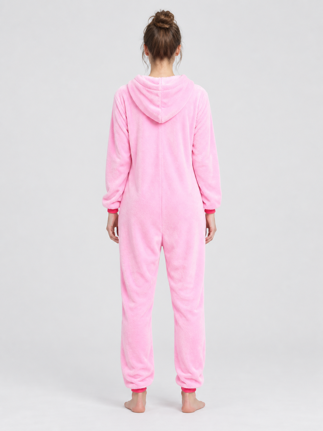 Pink and White Flannel Hooded Pajama Jumpsuit