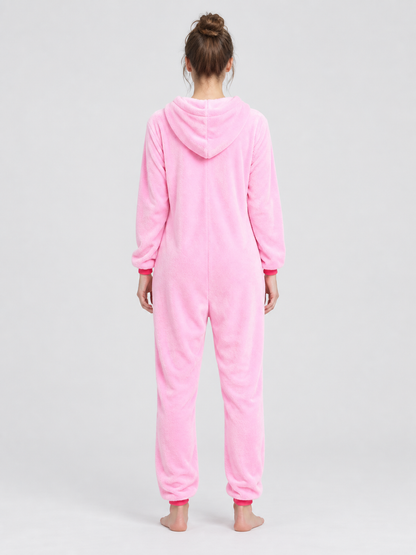 Pink and White Flannel Hooded Pajama Jumpsuit
