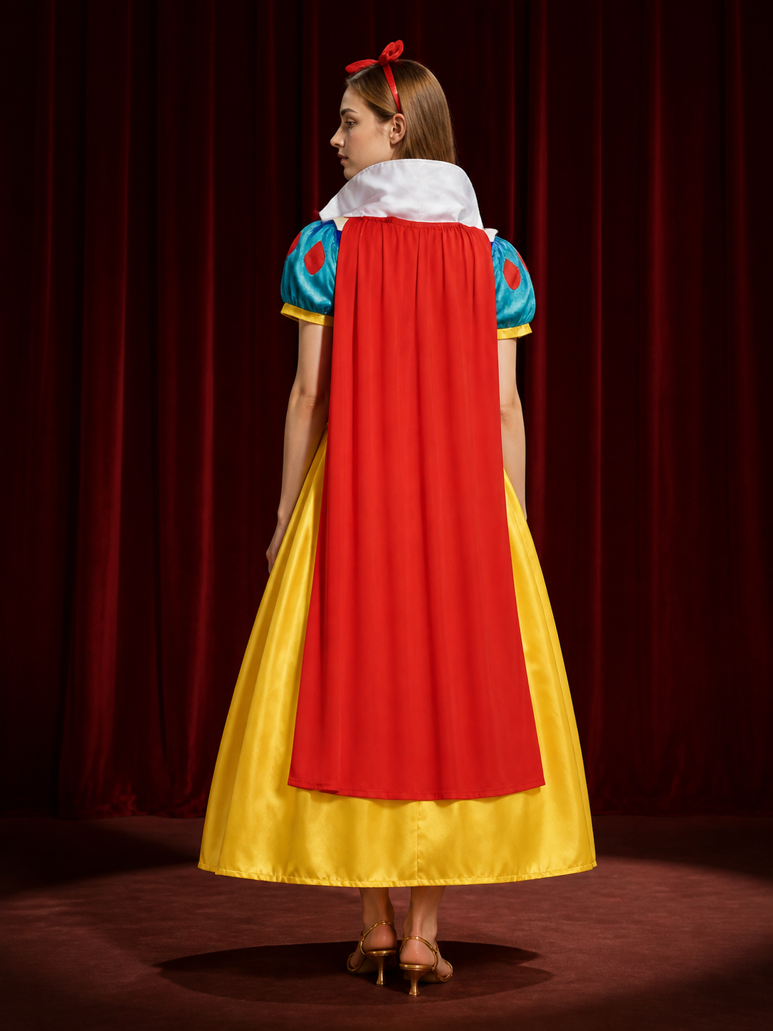 Women's Princess Cosplay Costume Dress, Blue & Yellow with Red Bow Headband and back view