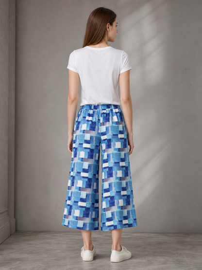 Blue and White Palazzo Pants with Geometric Print back view 2