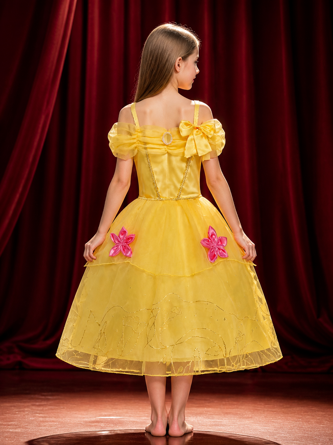 Girls Princess Costume Dress, Yellow Tutu with Pink Flowers - Halloween Party back view