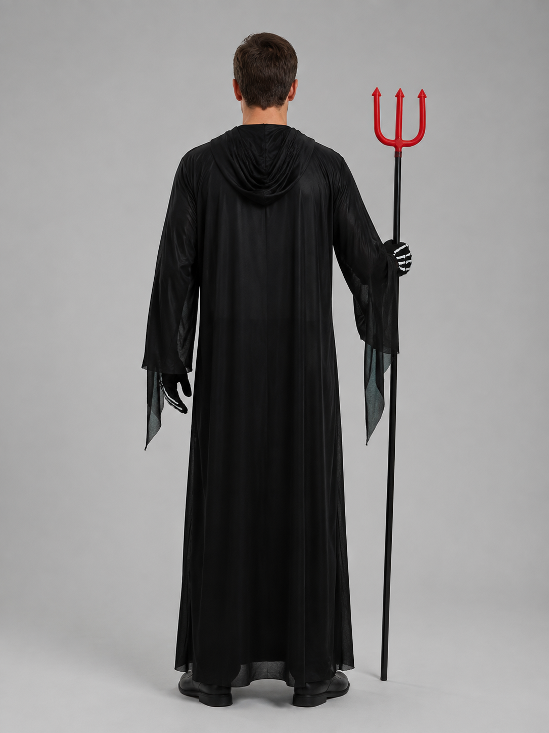 Skeleton robe costume with mask and trident back view