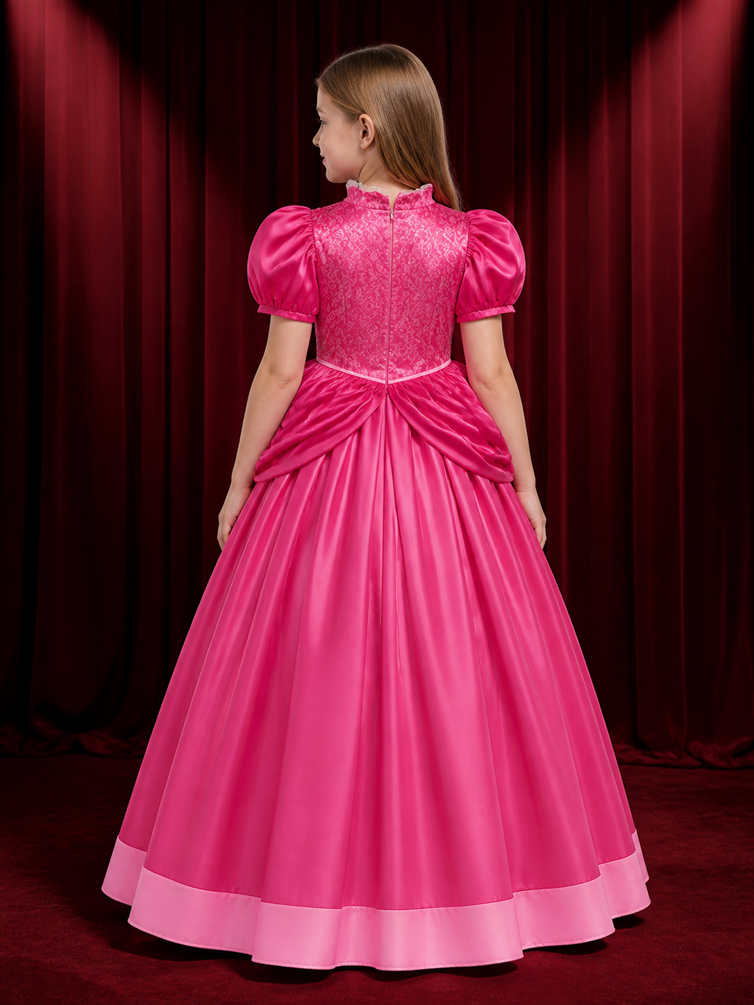 Girls Princess Peach Costume Dress – Pink Puff Sleeve Tutu Gown with Blue Gold back view
