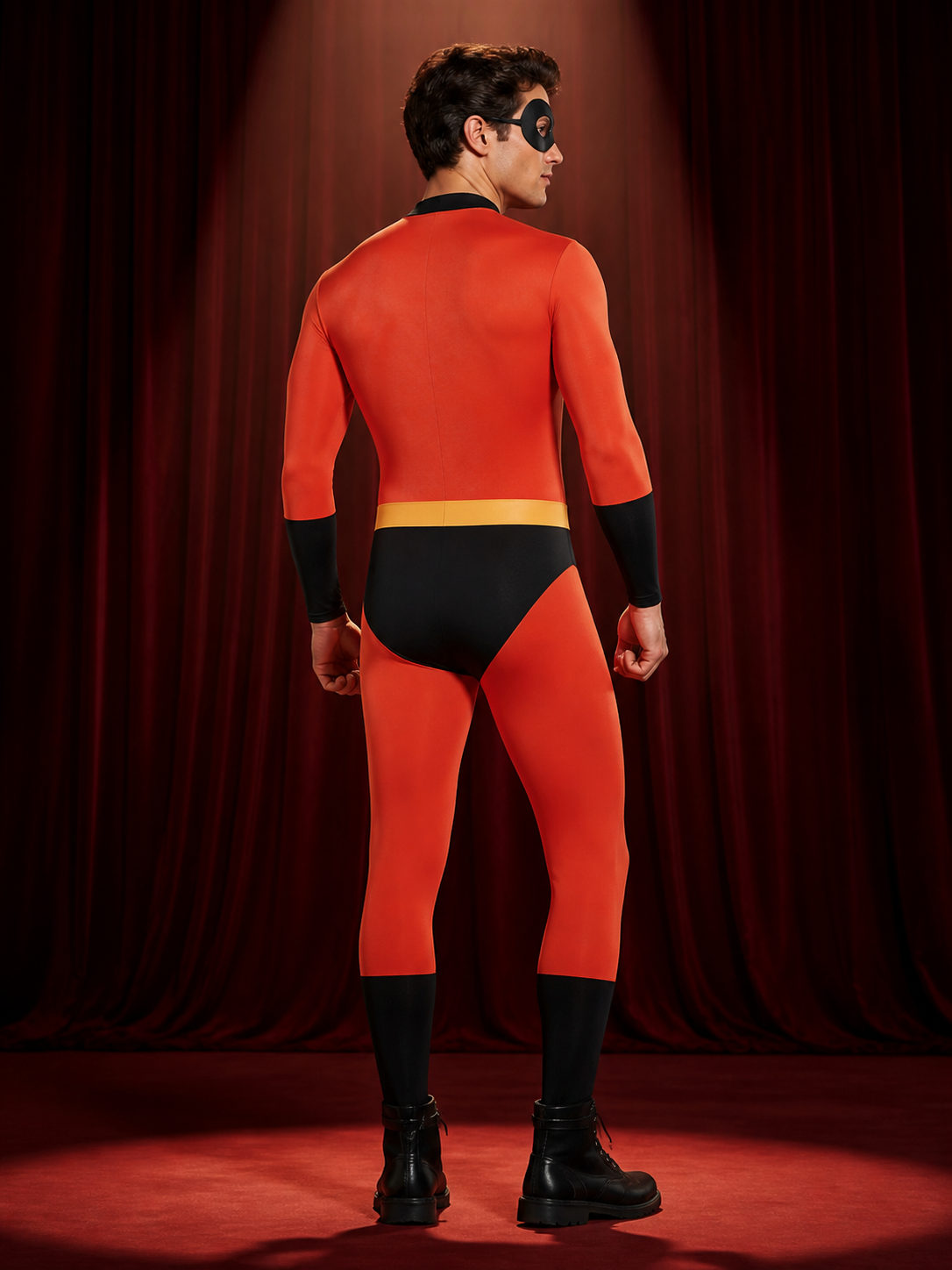 Kids Red Superhero Long Sleeve Bodysuit Halloween Costume, Black & Yellow 'i' back view