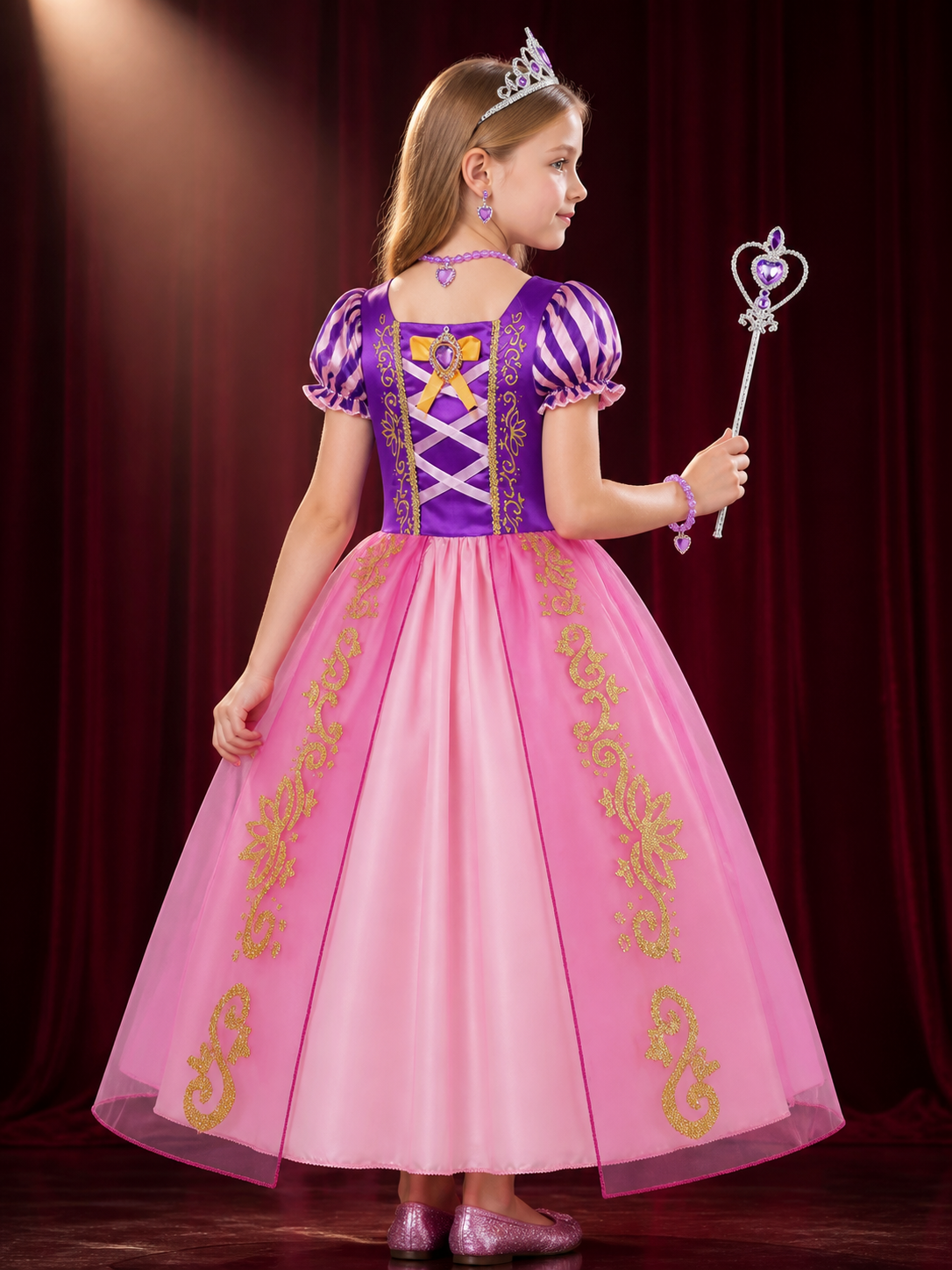 Girls Princess Tutu Dress Costume Set with Crown, Wand & Jewelry for Halloween back view