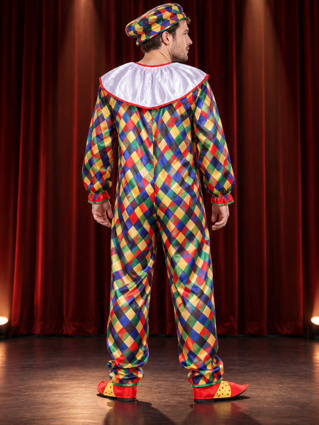 Adult Clown Costume, Colorful Jumpsuit, Hat