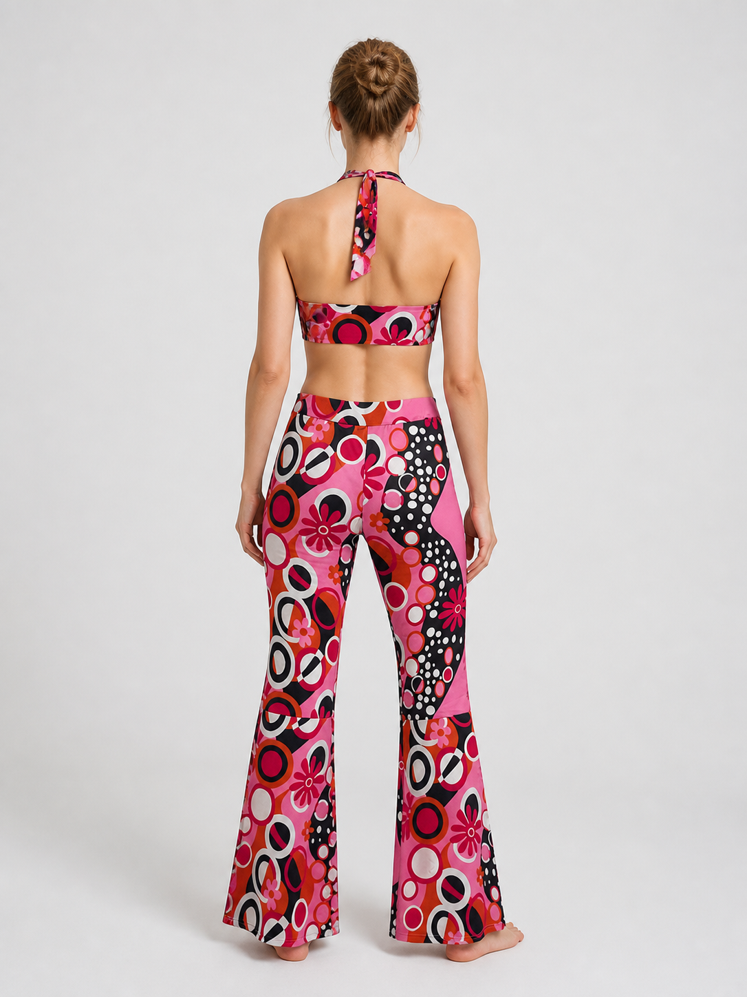 Flare-Leg Pants with a Bright Floral Boho Print back view