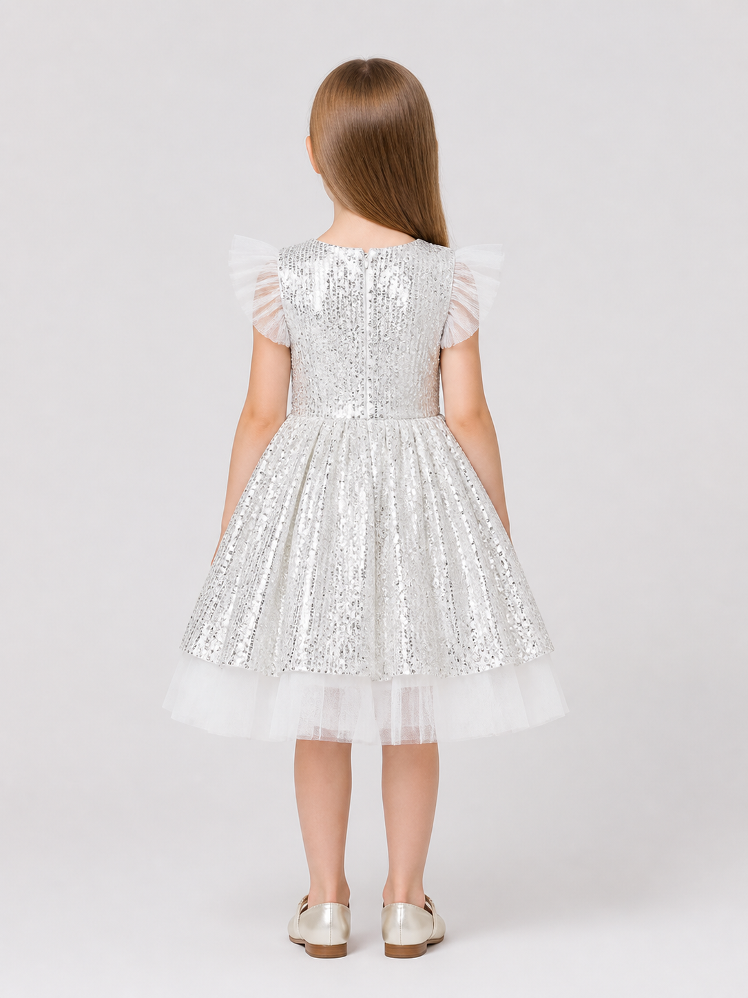 Dressy Sequin Dress with a Full Layered Skirt back view