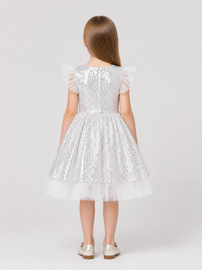 Dressy Sequin Dress with a Full Layered Skirt back view