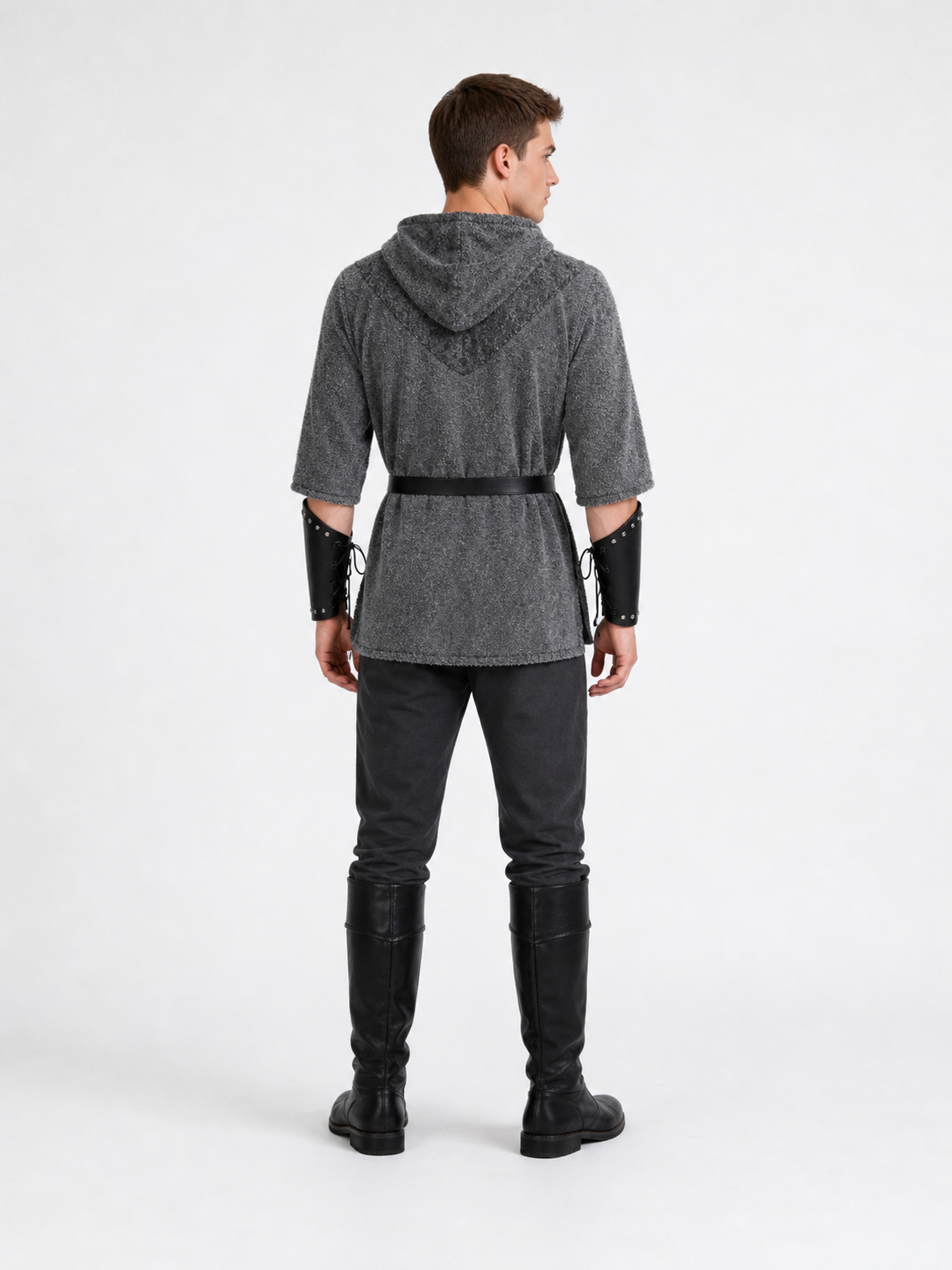 The costume is designed in the style of a medieval knight and is suitable for cosplay and stage performances. The set includes a gray hooded top with a layered front design, black pants, a belt, bracers, and greaves. The gray-and-black colo