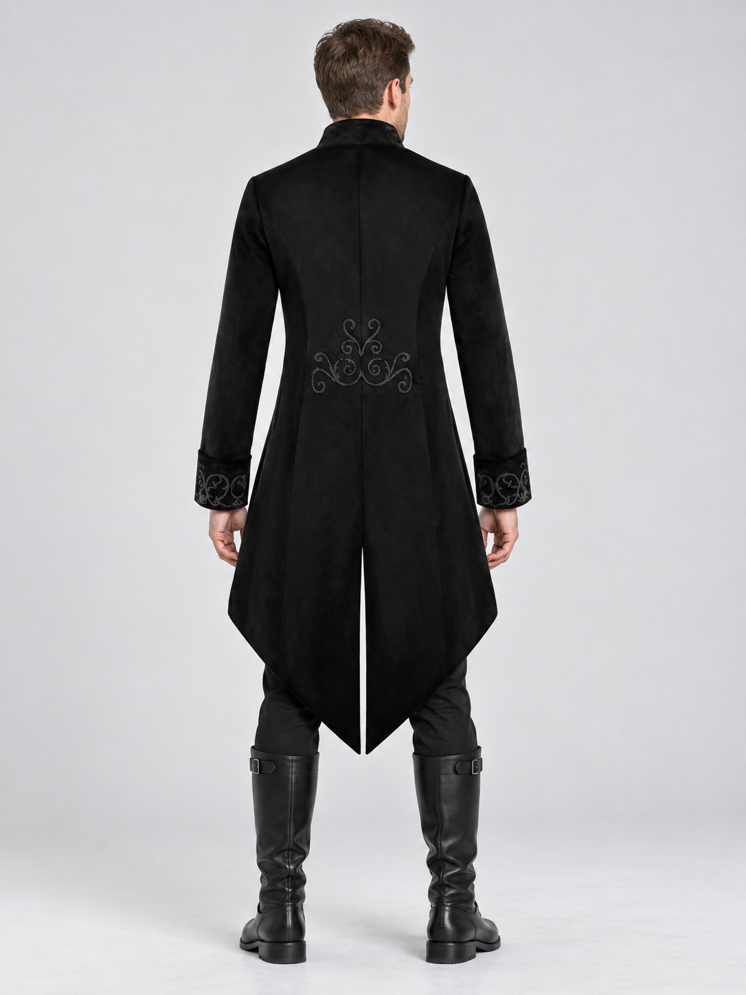 Long Black Tailcoat with High Collar and Embroidery
