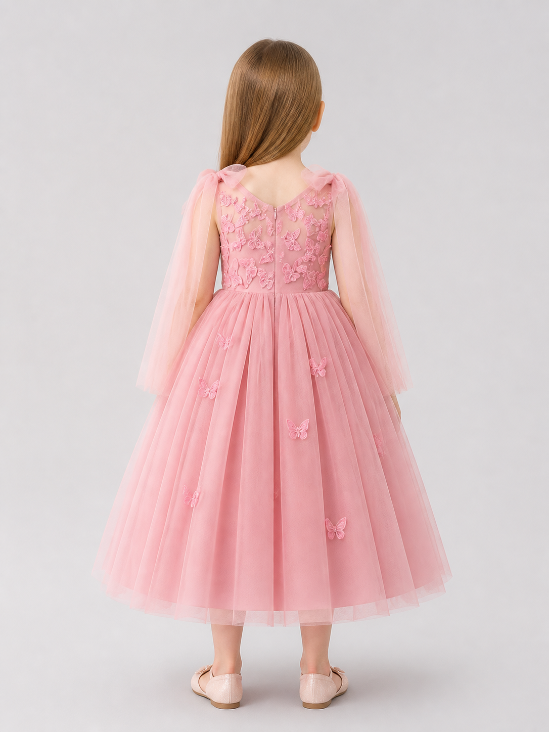 Festive Dress with Butterfly Embroidery and a Full Skirt back view