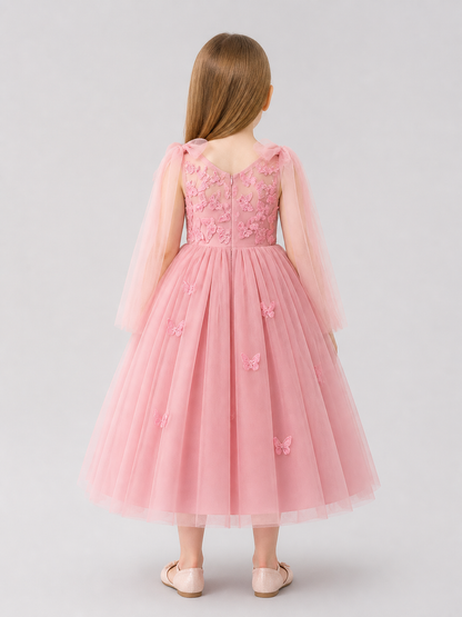 Festive Dress with Butterfly Embroidery and a Full Skirt back view