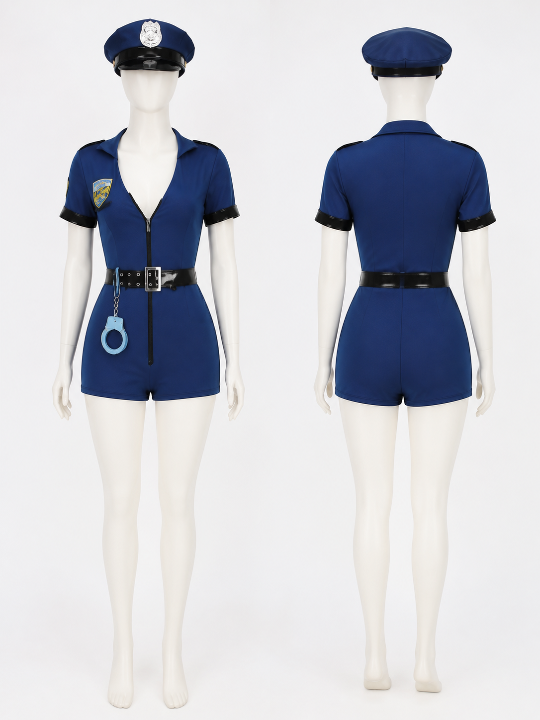 Women's Blue Police Bodysuit Costume with Badge Details and Belt, Halloween back view