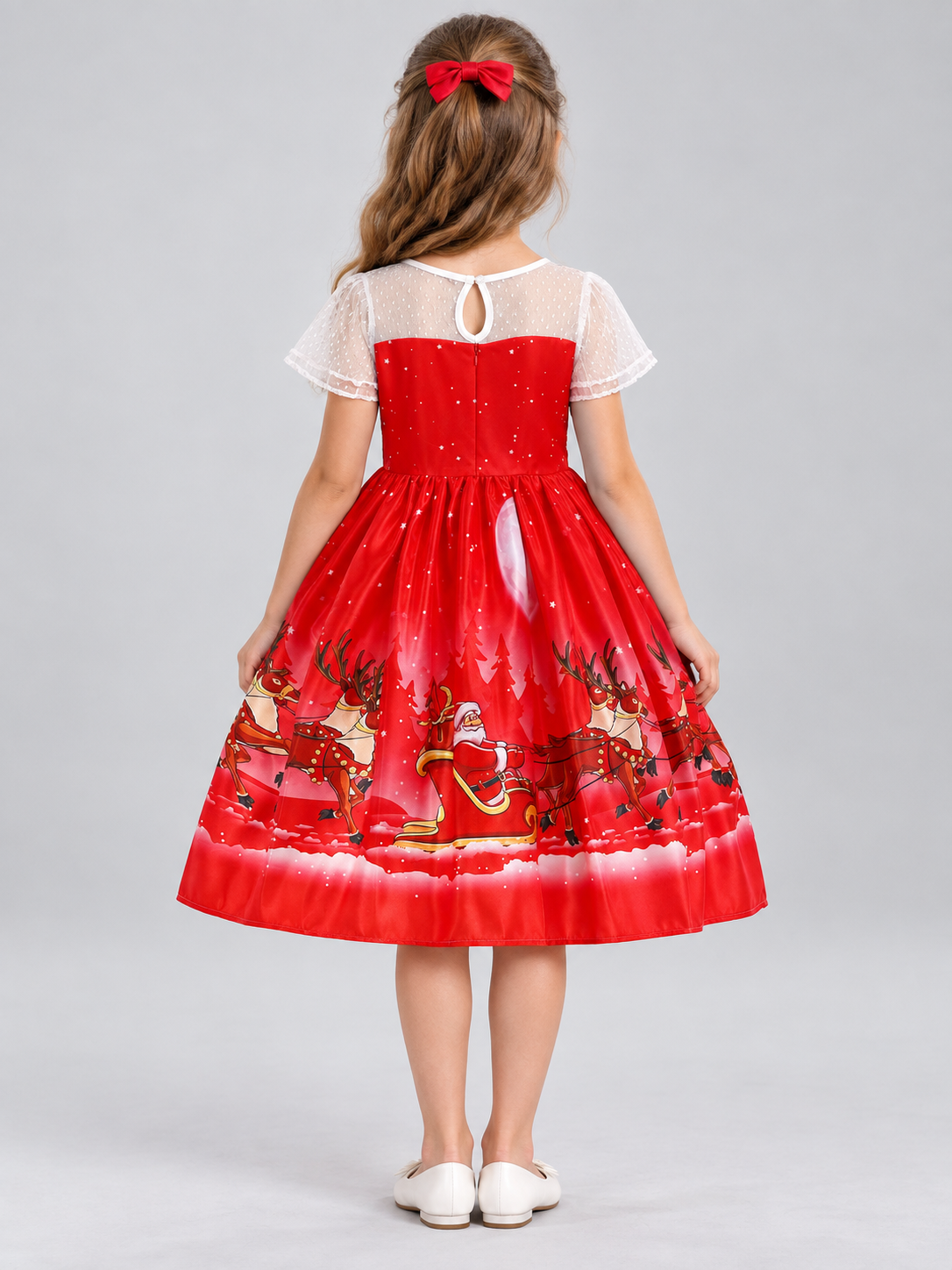 Girls' Holiday Dress with Snowflakes and a Full Skirt back view