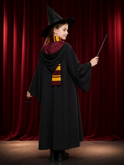 Wizard Costume Set With Hooded Robe, Hat, Scarf, Tie, Wand And Round Glasses back view