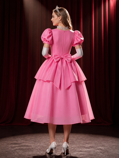 Girls Princess Peach Costume Dress Set - Pink Puffy Ball Gown with Crown and back view