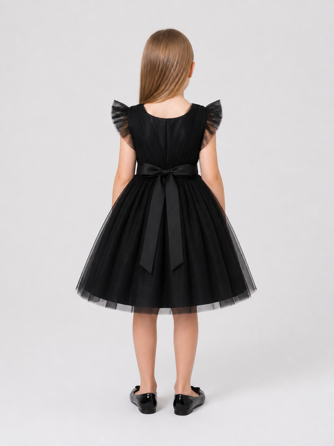 Party Dress with a Tulle Skirt and Flutter Sleeves back view