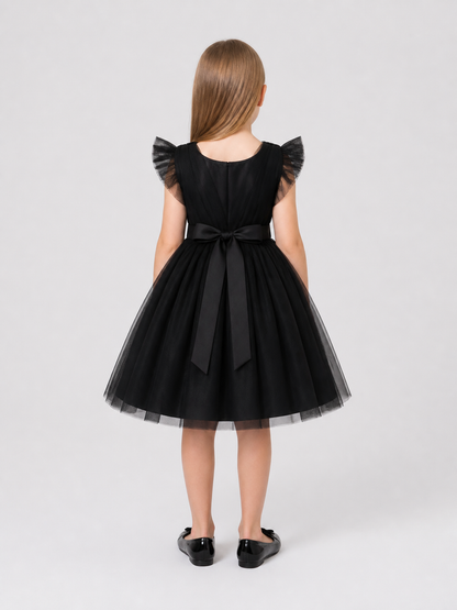 Party Dress with a Tulle Skirt and Flutter Sleeves back view