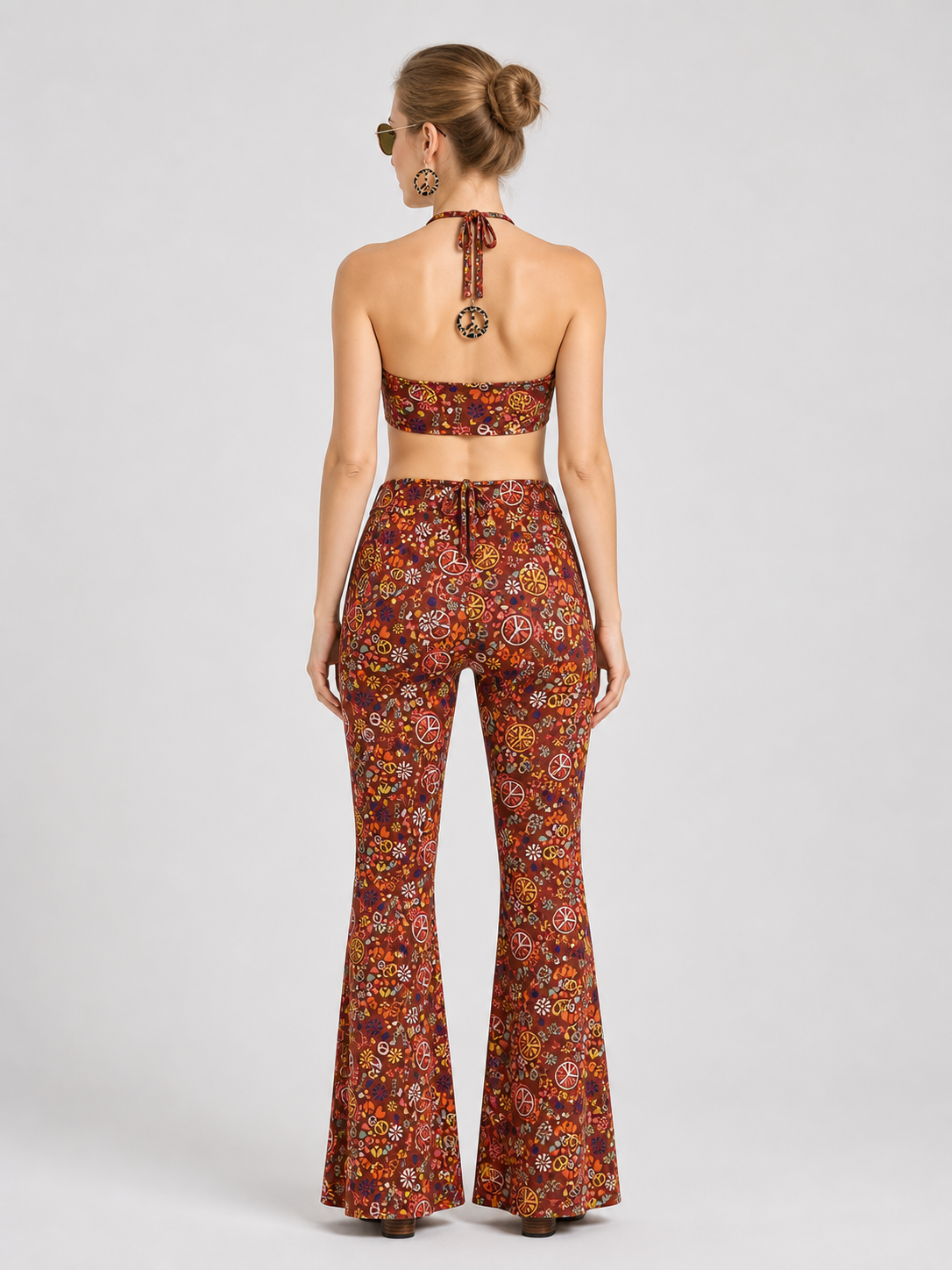 Boho Set: Printed Bell-Bottom Pants, Belt, and Accessories back view