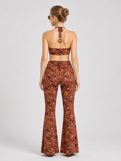 Boho Set: Printed Bell-Bottom Pants, Belt, and Accessories back view