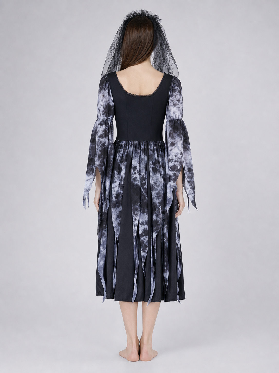 Gothic Dress with Lacing, Veil, and Tiered Skirt back view