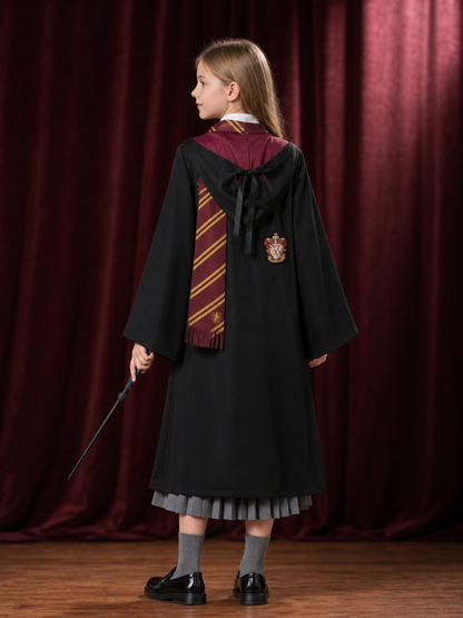 Kids Wizard Robe Costume Set, Hooded Cloak With Tie, Scarf, Wand, Shirt, Skirt back view