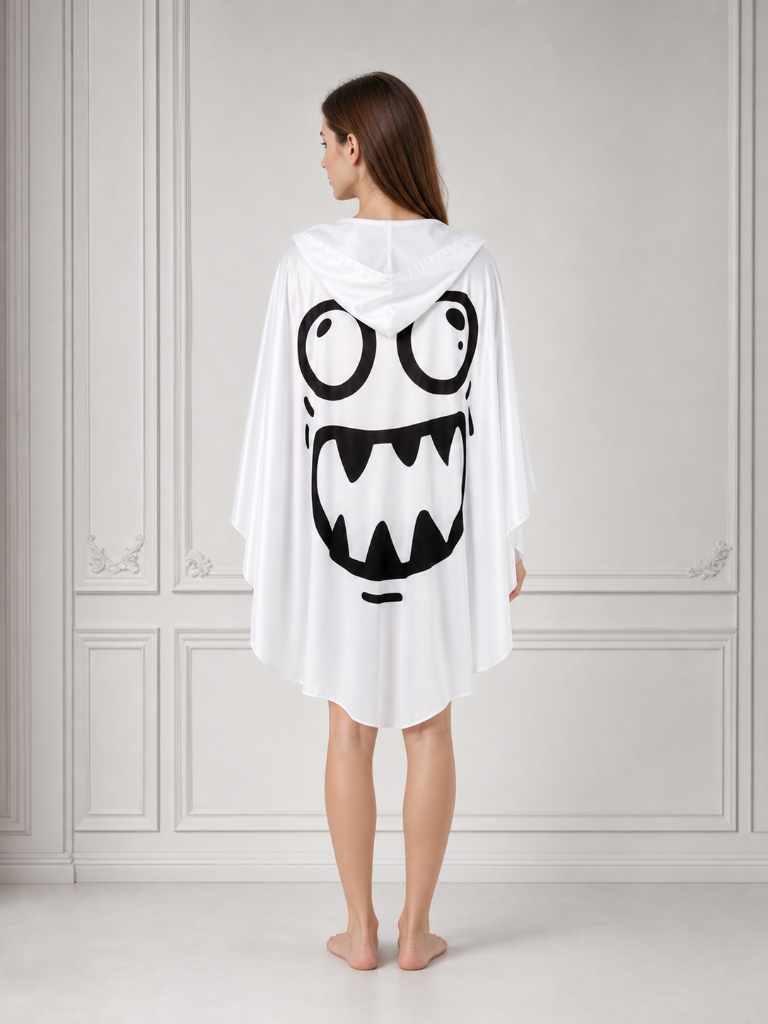 Halloween Ghost Costume, Hooded Poncho-Style Outfit With Cartoon Face, Wide Draped Sleeves For Parties And Themed Events