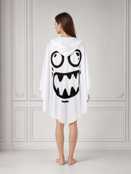 Halloween Ghost Costume, Hooded Poncho-Style Outfit With Cartoon Face, Wide Draped Sleeves For Parties And Themed Events