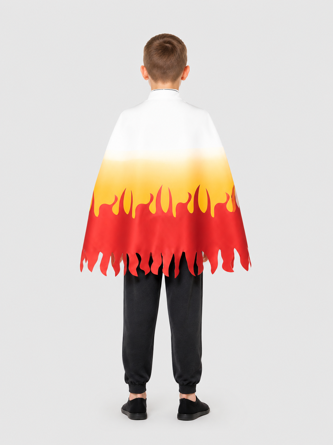 Cosplay Cloak with Flame Print, White, Red, and Yellow back view