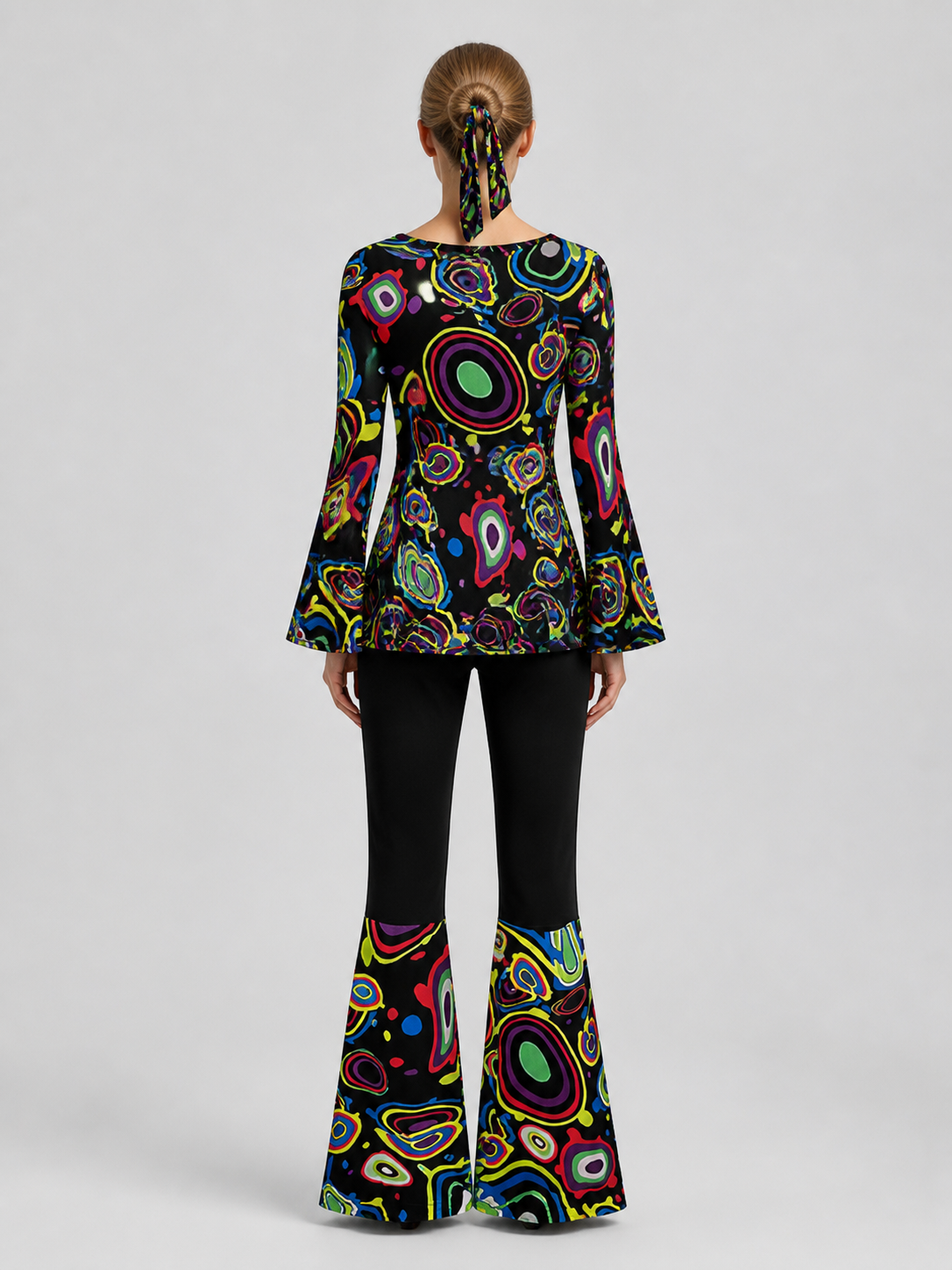 70s Stage Costume: Psychedelic Print, Flared Pants back view