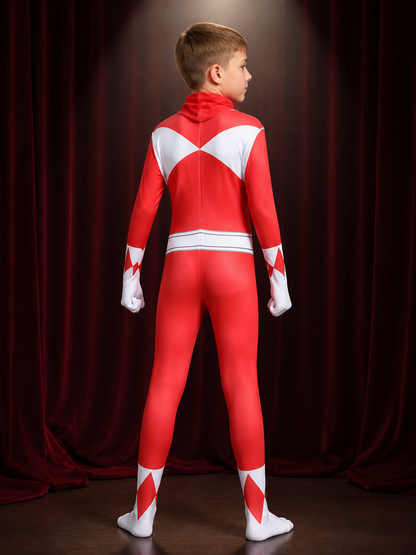 Red Ranger Cosplay Bodysuit Costume, Hooded Geometric Print back view