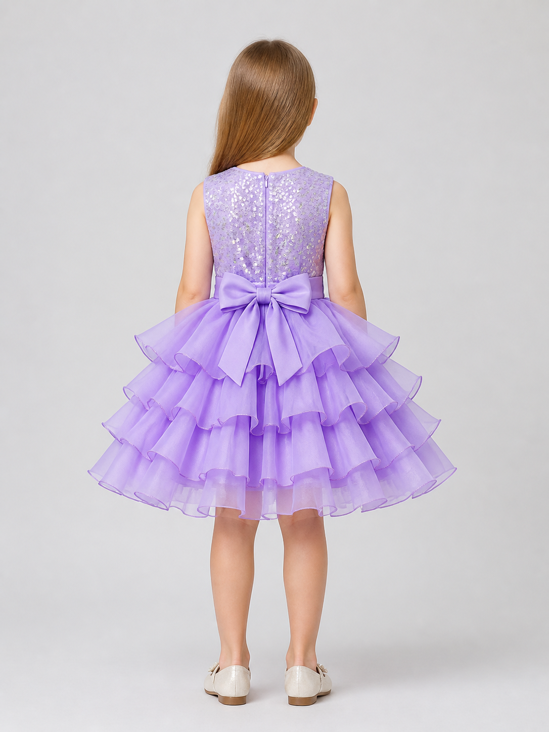Princess Dress with Sequins, Bow, and Full Skirt back view