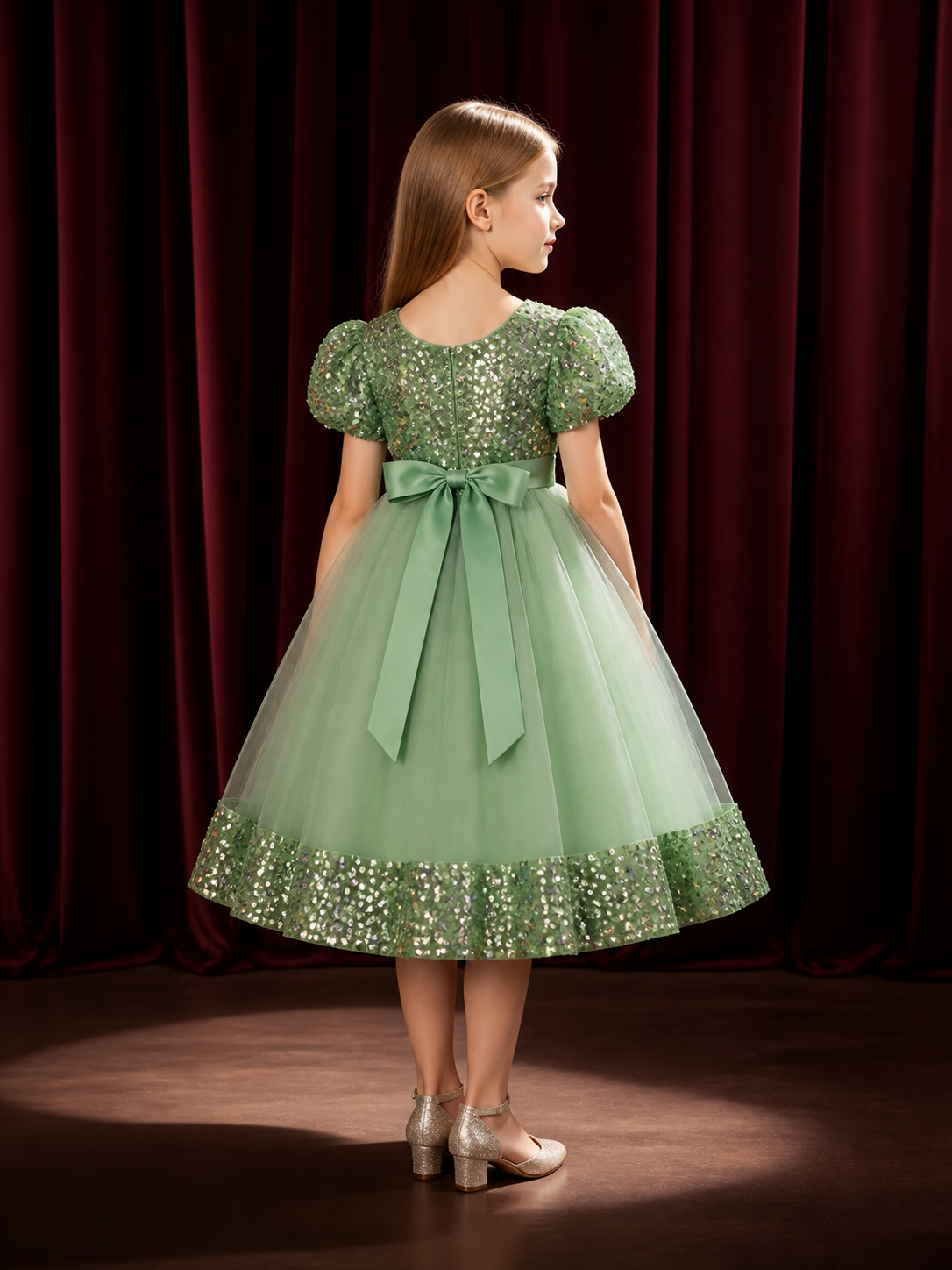 Baby Girls' Princess Dress with Sequins, Layered Tulle Skirt and 3D Flowers back view