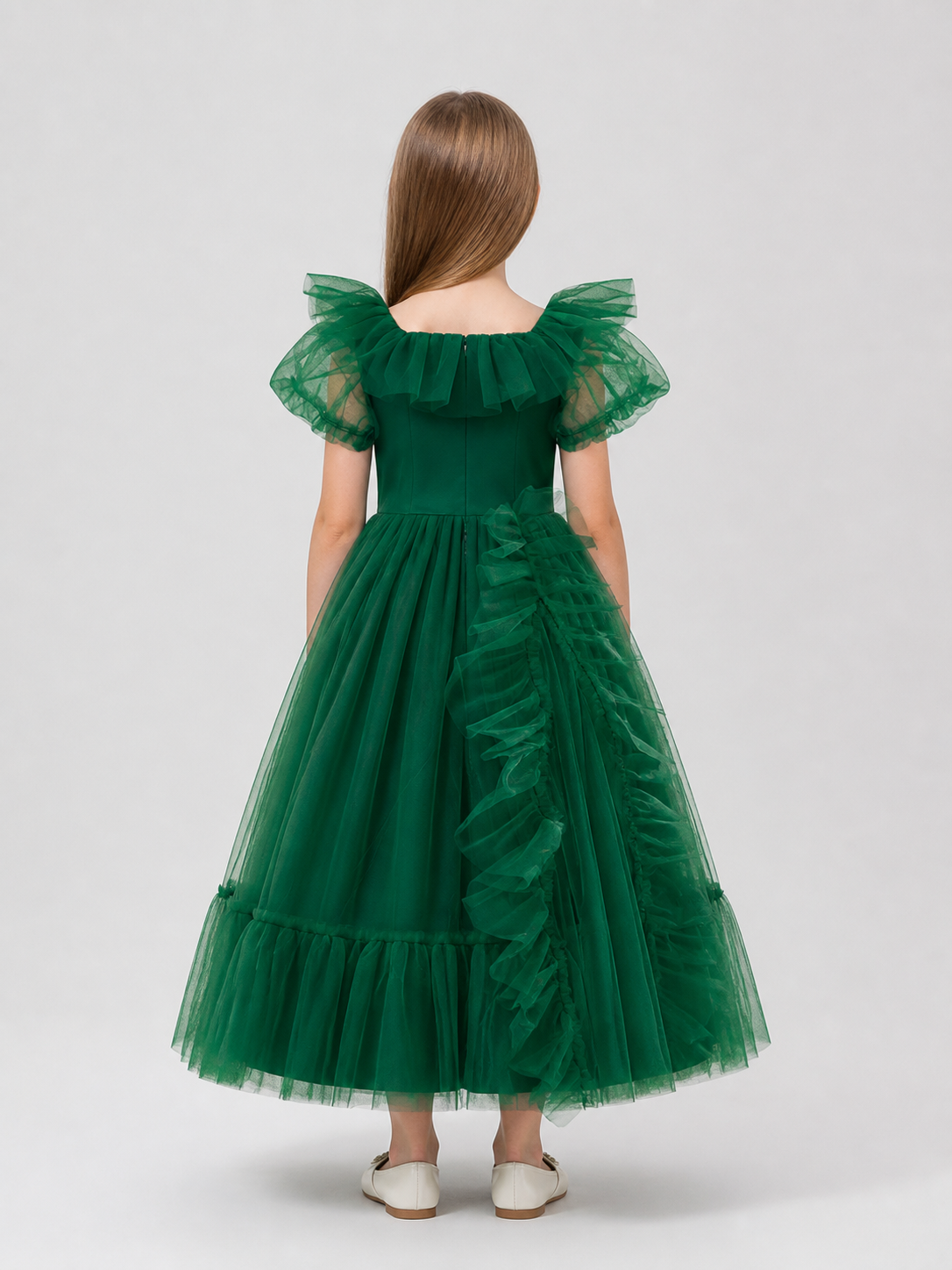 Emerald Green Princess Dress for Girls with Ruffles back view