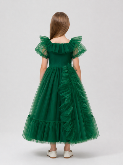 Emerald Green Princess Dress for Girls with Ruffles back view