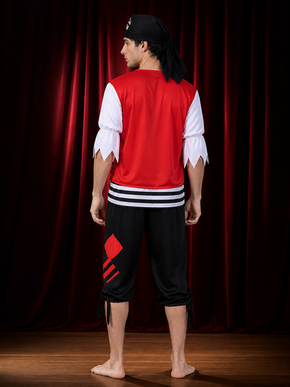 Adult Pirate Halloween Costume Set, Lace-Up Red Vest Top, Black/White Striped back view