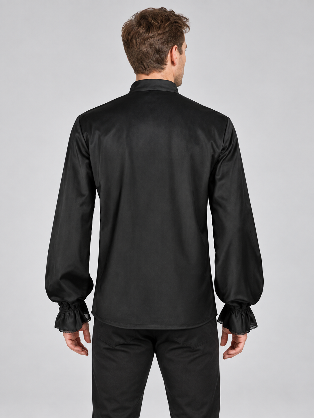 Black shirt with high collar and ruffles