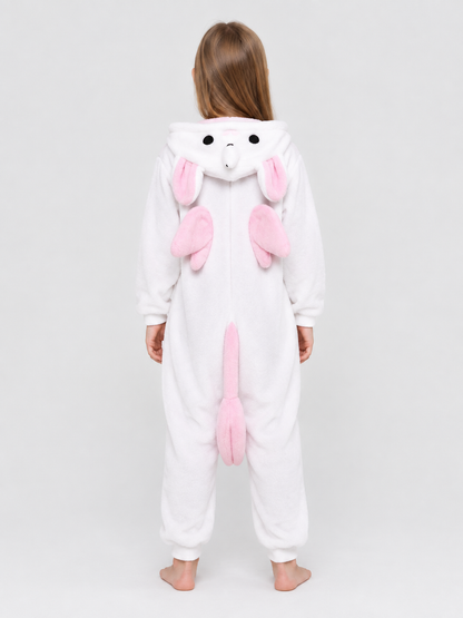 White and Pink Kids' Hooded Pajama Jumpsuit